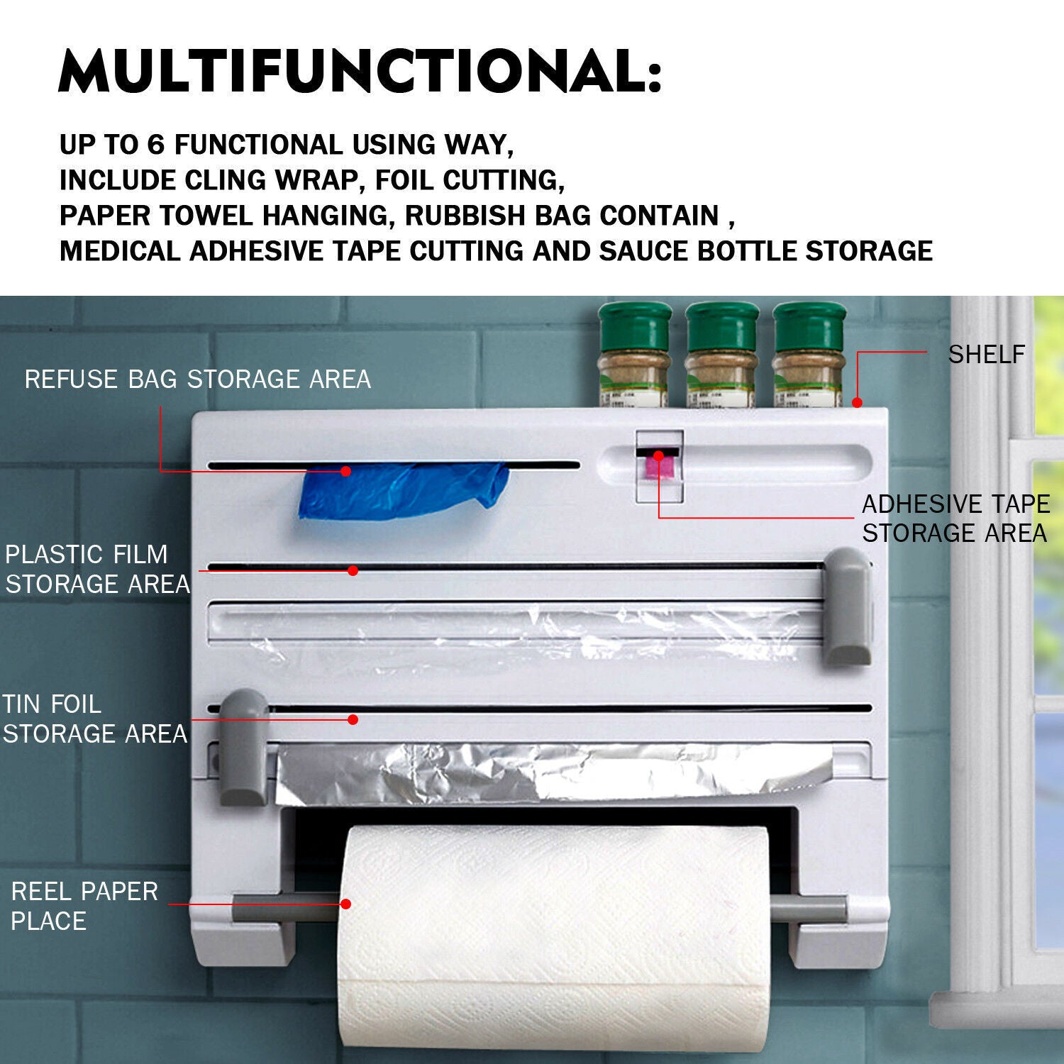 6In1 Wall Mounted Towel Holder Kitchen Rack Foil Roll Organizer Film Dispenser