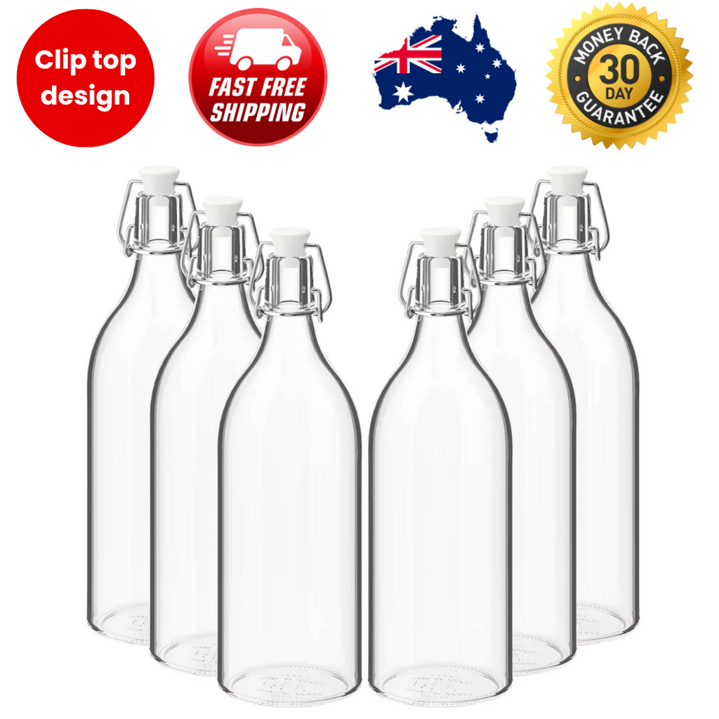 6x Clip Top Water Bottle 1 L Round Glass Bottle Flip Top Glass Bottles 1000ml