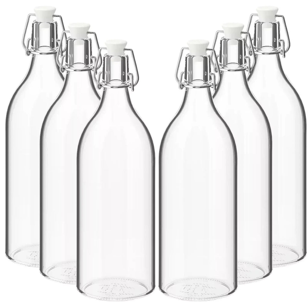 6x Clip Top Water Bottle 1 L Round Glass Bottle Flip Top Glass Bottles 1000ml