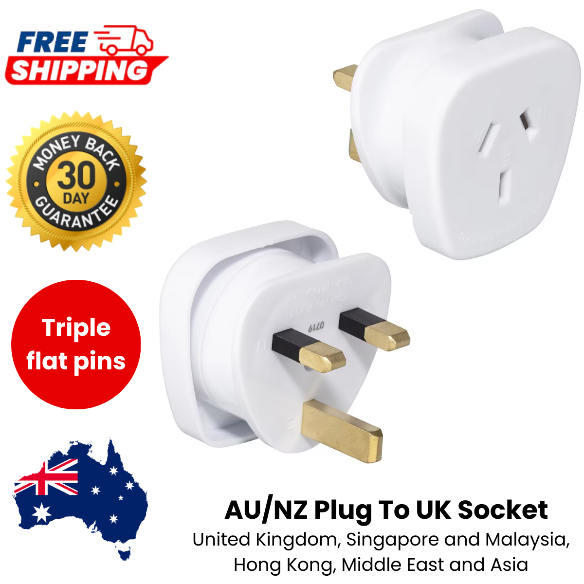 Travel Adaptor AU/NZ Plug To UK Socket Triple Flat Pins Malaysia Singapore Asia