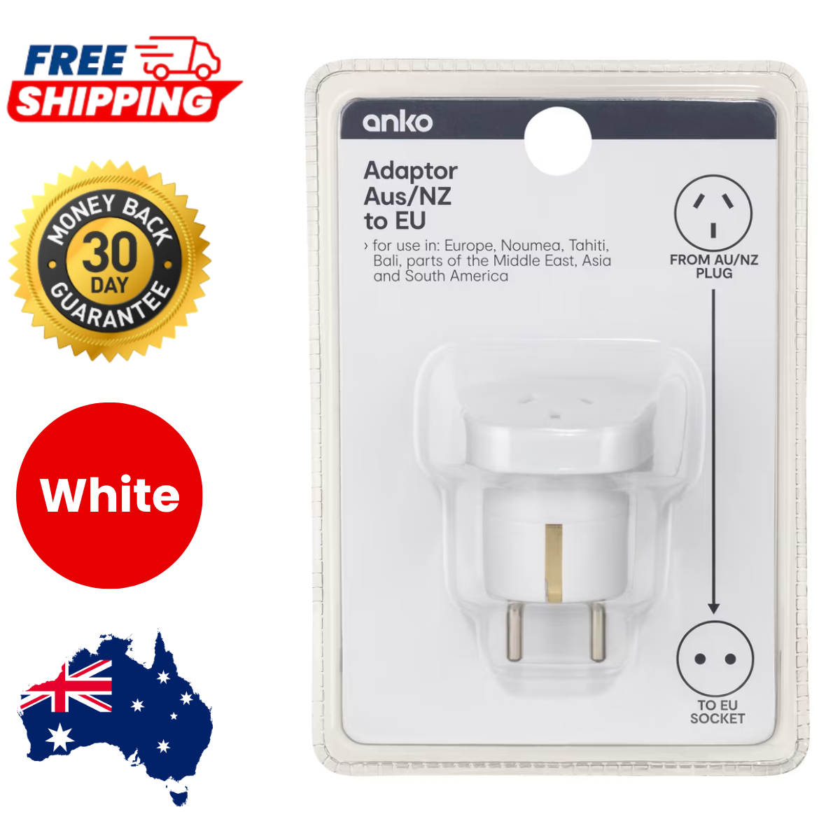 Travel Adaptor AU/NZ Plug to EU Socket Double Round Pins Bali Europe Noumea Asia