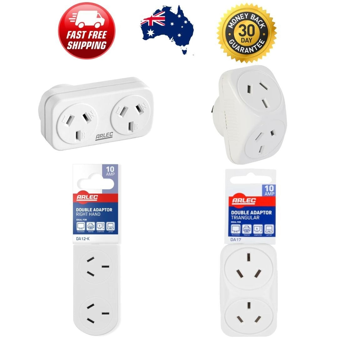 Twin Plug Right Hand / Triangular Double Adaptor Arlec 240V, 10amp, 2400
