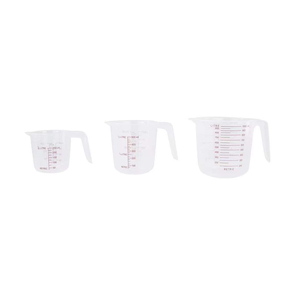 3 Piece Plastic Measuring Jug Set 250ml 500ml 1L Kitchen Cups with Pour Spout