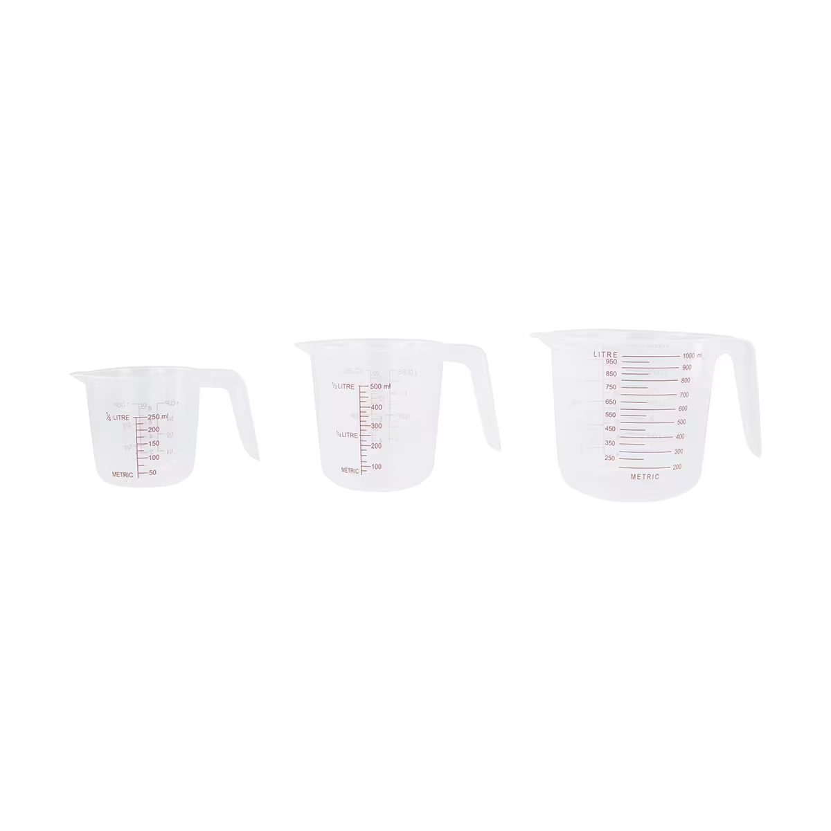 3 Piece Plastic Measuring Jug Set 250ml 500ml 1L Kitchen Cups with Pour Spout