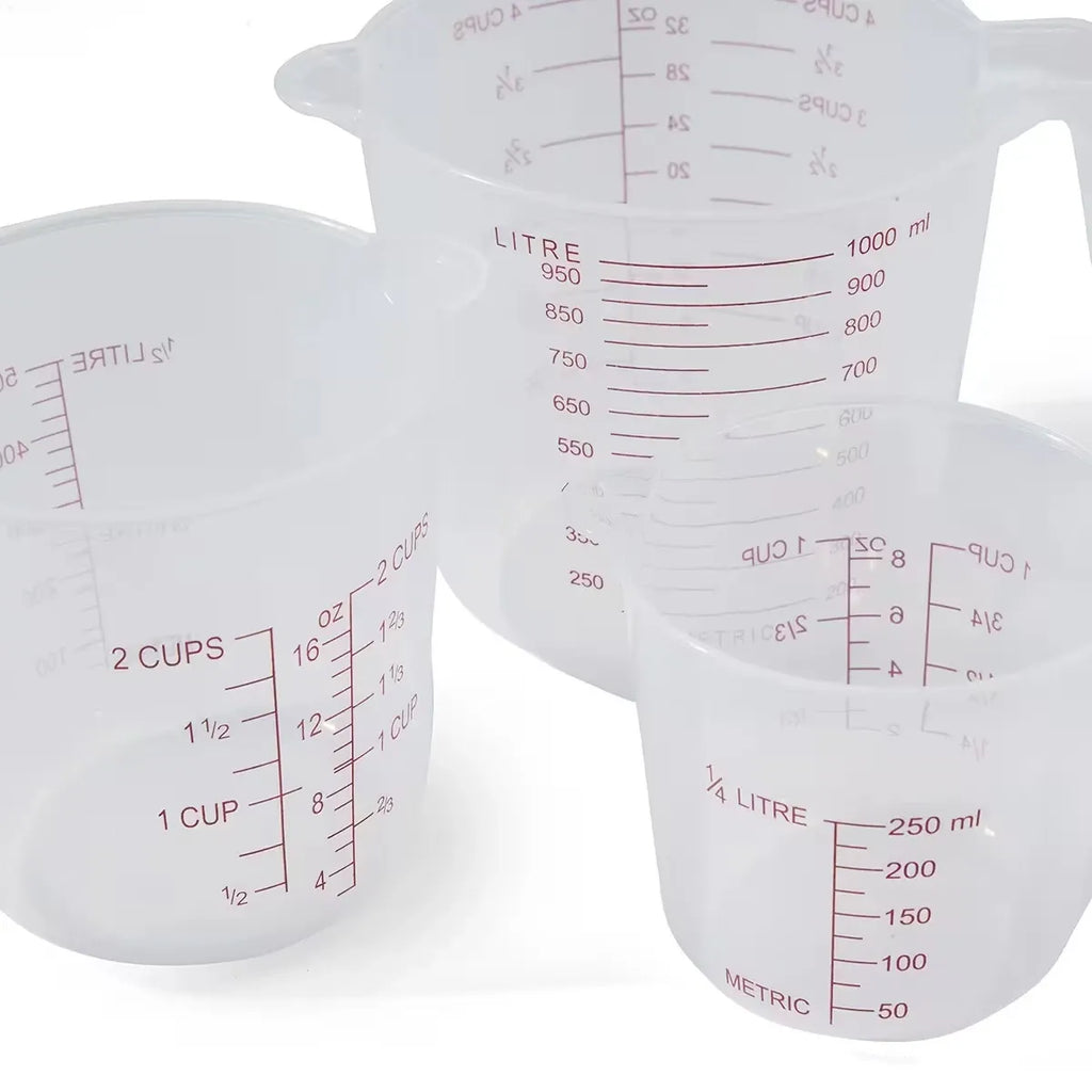 3 Piece Plastic Measuring Jug Set 250ml 500ml 1L Kitchen Cups with Pour Spout