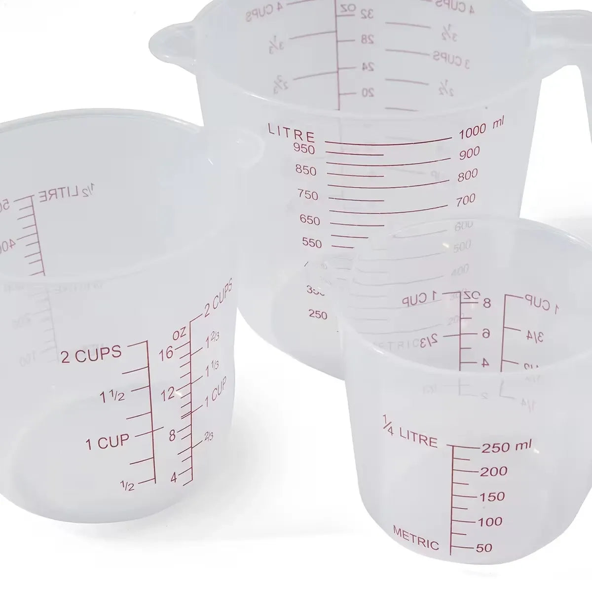 3 Piece Plastic Measuring Jug Set 250ml 500ml 1L Kitchen Cups with Pour Spout