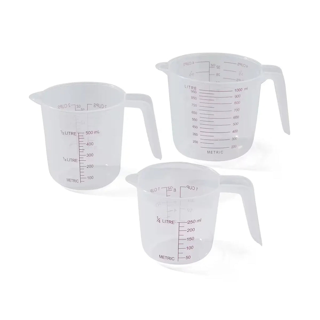 3 Piece Plastic Measuring Jug Set 250ml 500ml 1L Kitchen Cups with Pour Spout