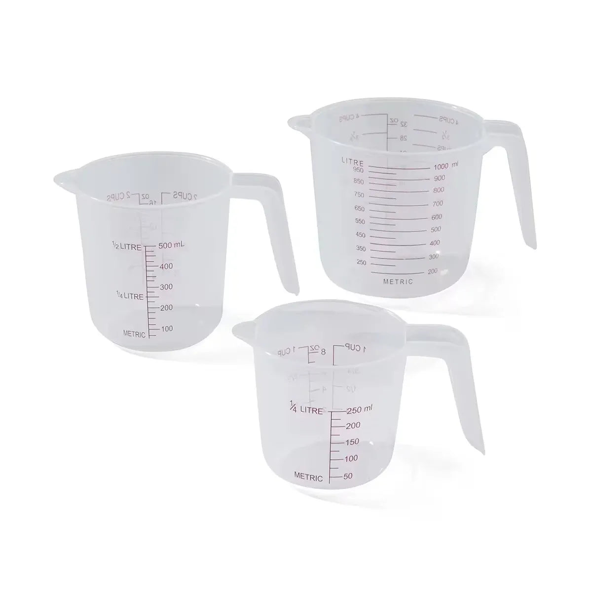 3 Piece Plastic Measuring Jug Set 250ml 500ml 1L Kitchen Cups with Pour Spout
