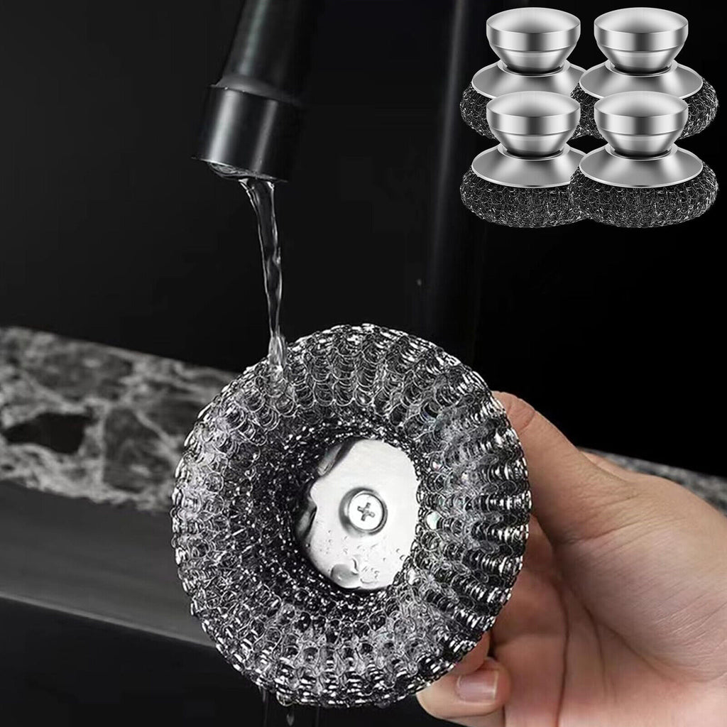 4 Pcs Stainless Steel Scrubber Scourer With Handle Round Sdkan