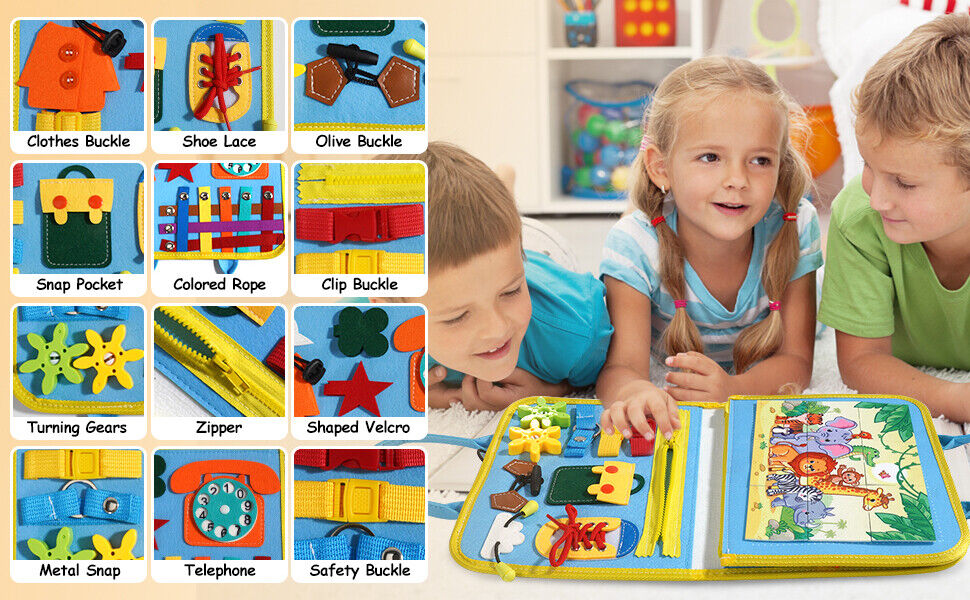 Kids Busy Board for Toddlers Montessori Toys with Dressing Skills Sensory Game