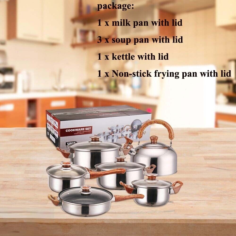 12Piece Cookware Set Kitchen Stainless Steel Stock Pot Pan Sets Saucepan Casser