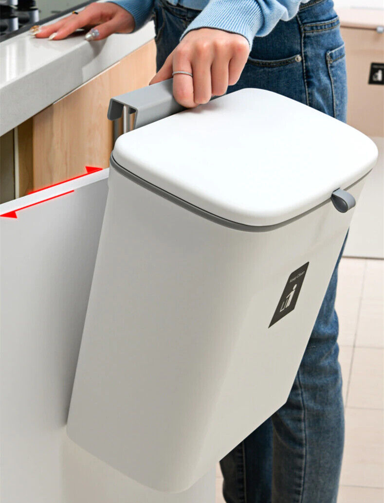 9L Waste Bin With Lid Trash Rubbish Kitchen Sink Bench Side Cabinet Door Hanging