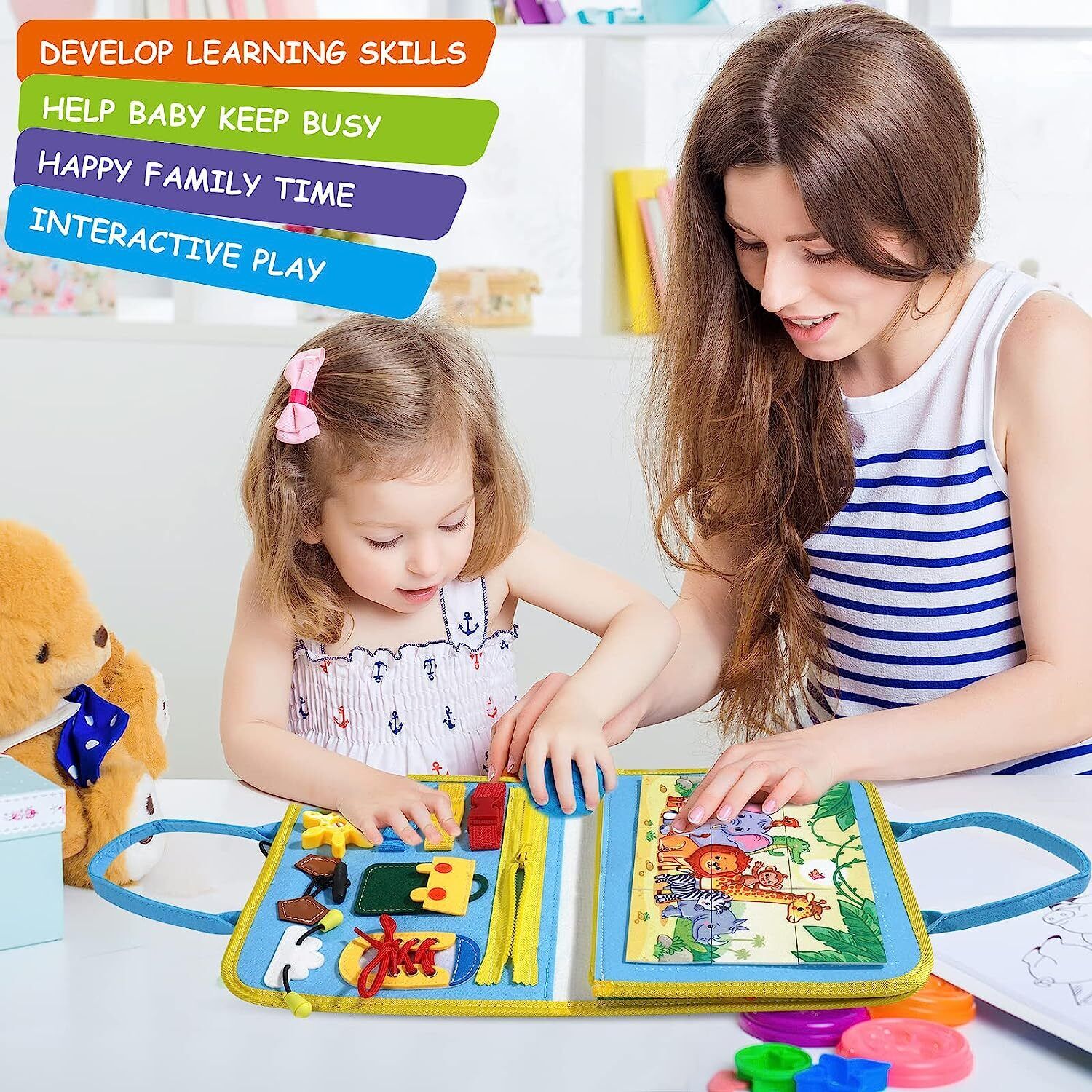Kids Busy Board for Toddlers Montessori Toys with Dressing Skills Sensory Game