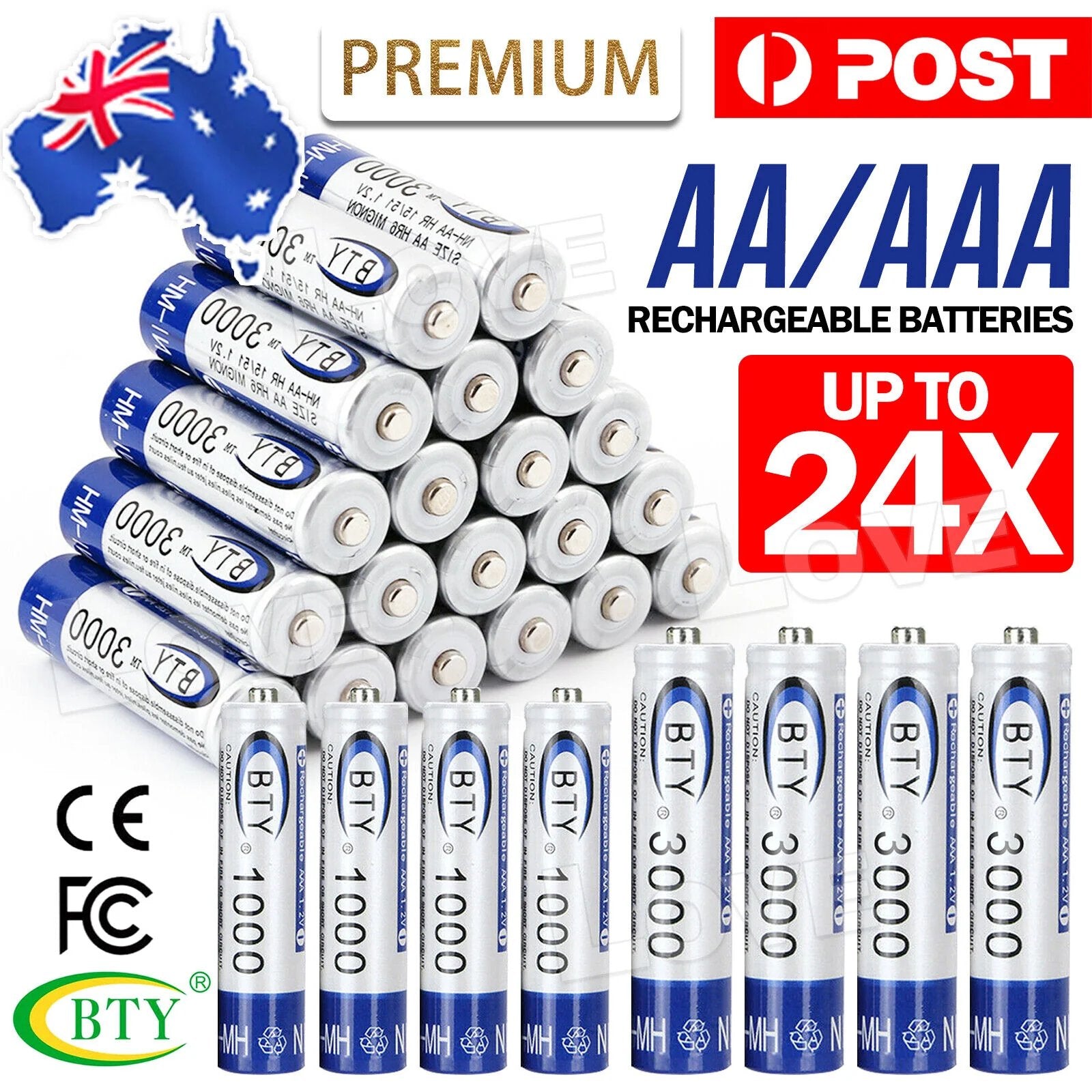 4-24X 3000Mah Aa/1000Mah AAA Rechargeable Battery NI-MH 1.2V Recharge Batteries