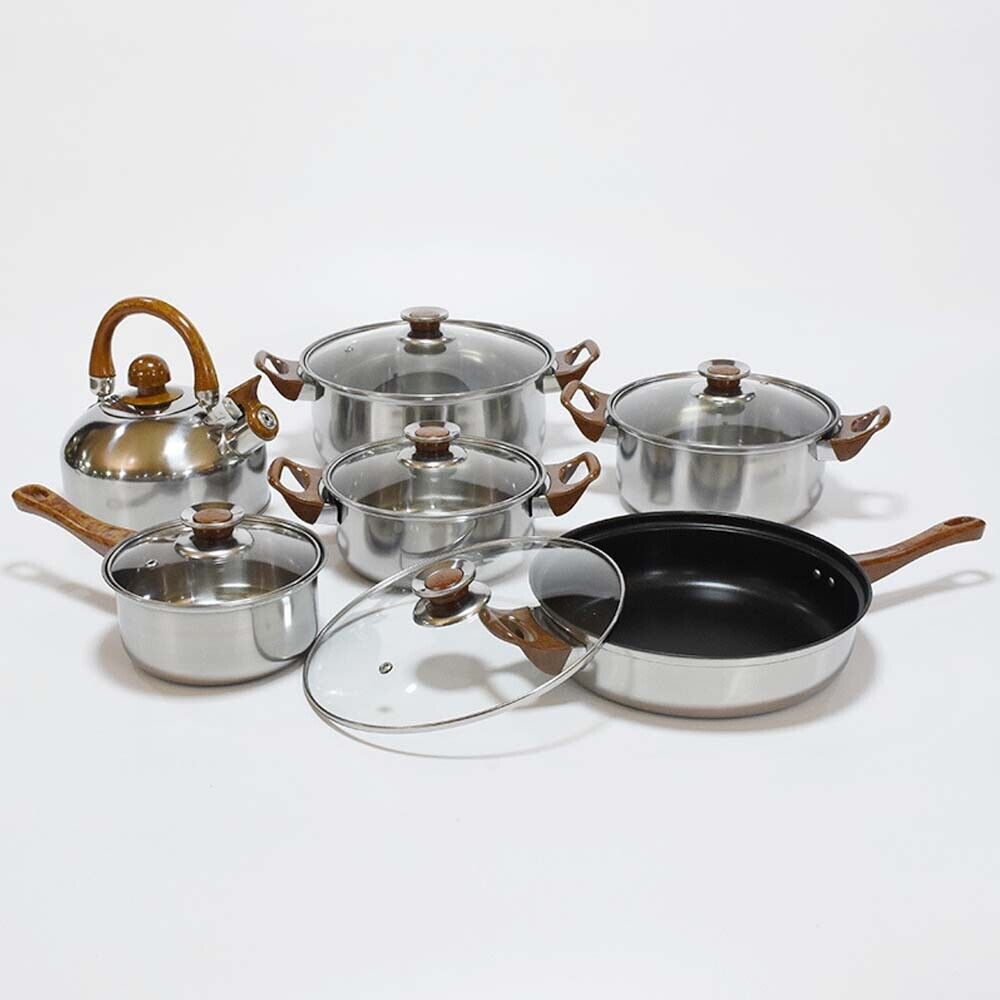 12Piece Cookware Set Kitchen Stainless Steel Stock Pot Pan Sets Saucepan Casser