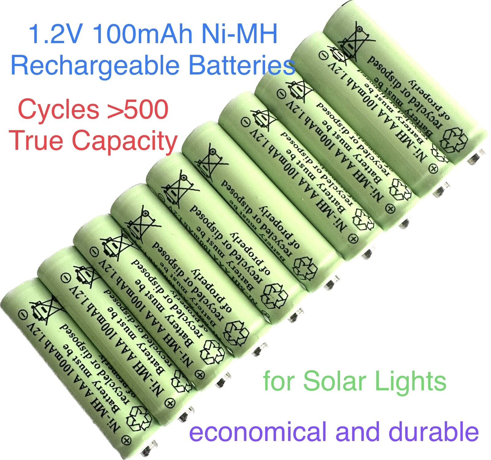 10Pcs AAA NI-MH 1.2V Rechargeable for Solar Lights Ture Capacity 100Mah