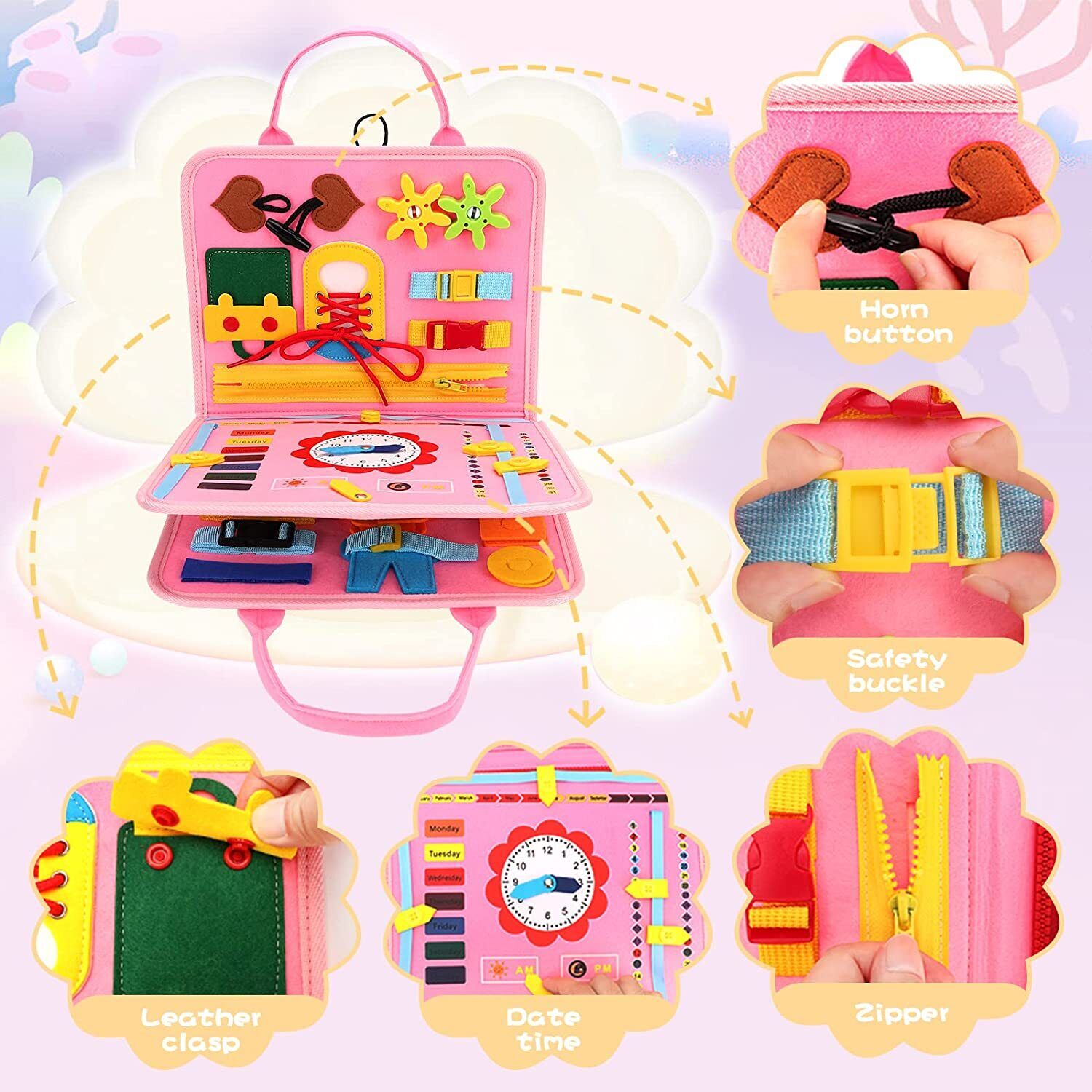 Kids Busy Board for Toddlers Montessori Toys with Dressing Skills Sensory Game
