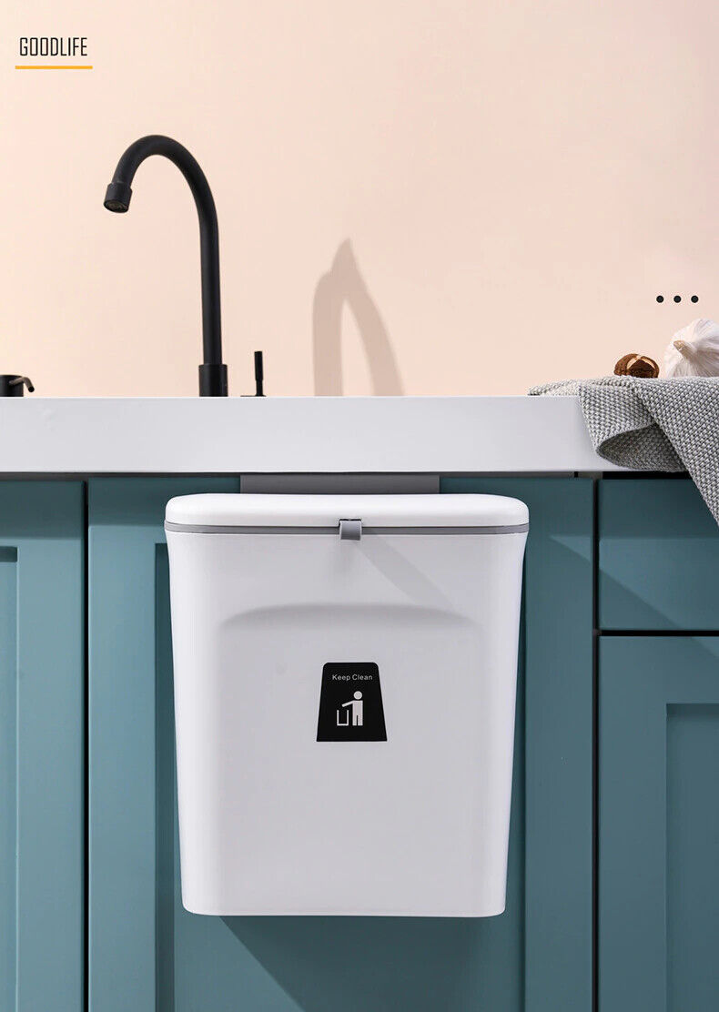 9L Waste Bin With Lid Trash Rubbish Kitchen Sink Bench Side Cabinet Door Hanging