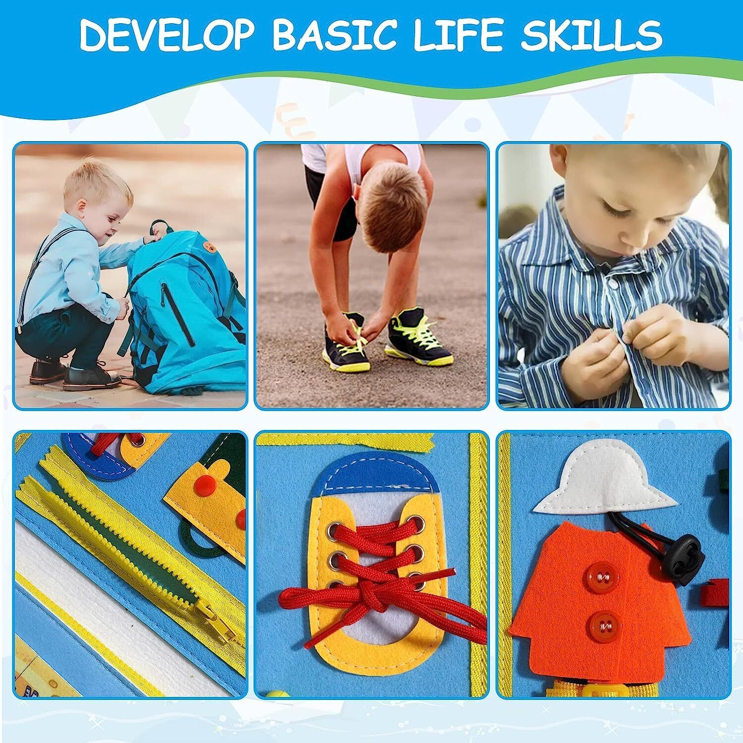 Kids Busy Board for Toddlers Montessori Toys with Dressing Skills Sensory Game