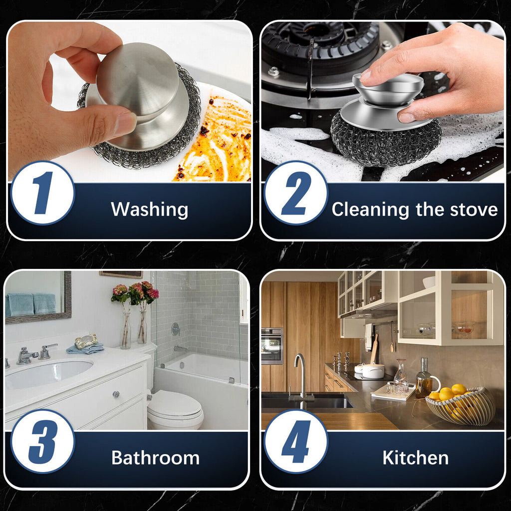 4 Pcs Stainless Steel Scrubber Scourer With Handle Round Sdkan