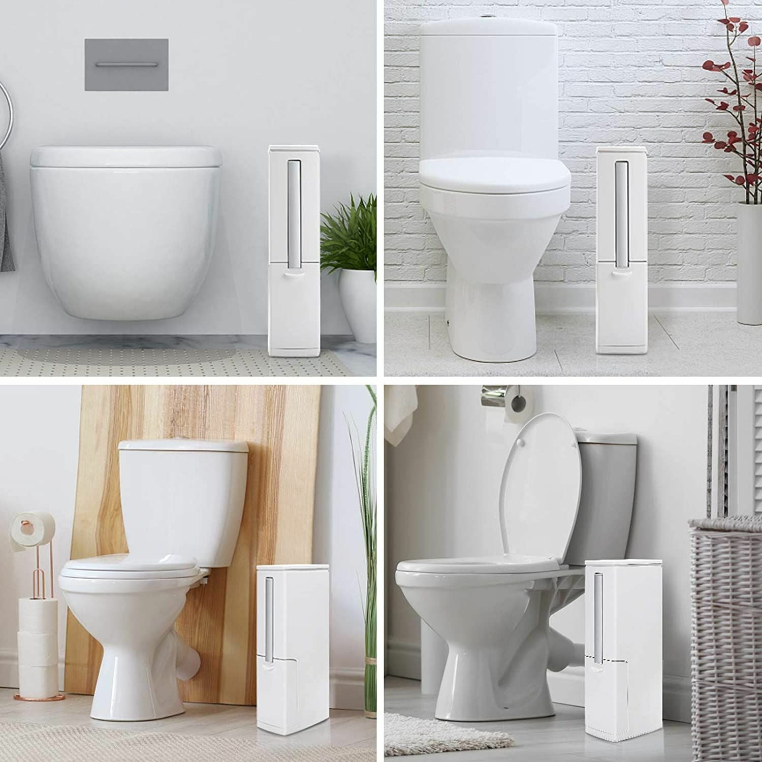 Slim Dustbin Bathroom Garbage Bin Lid Trash Can with Toilet Brush Waste Basket