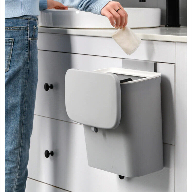 9L Waste Bin With Lid Trash Rubbish Kitchen Sink Bench Side Cabinet Door Hanging