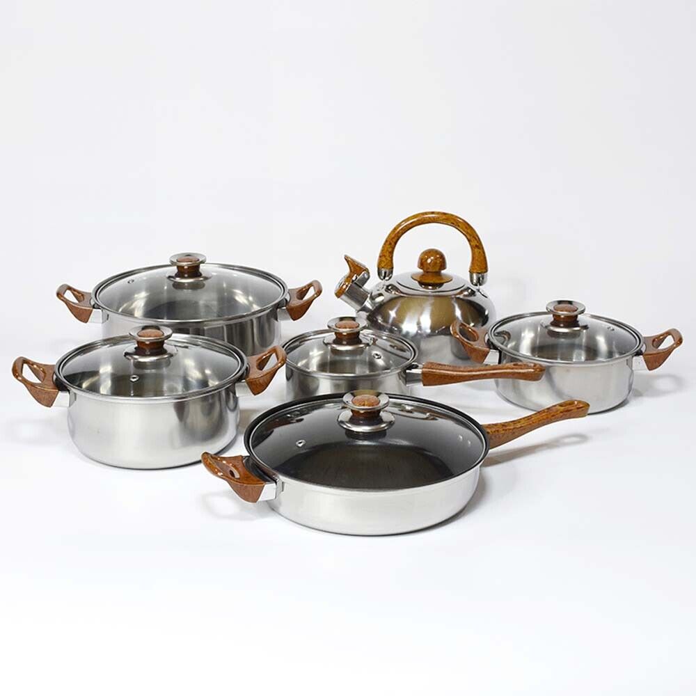 12Piece Cookware Set Kitchen Stainless Steel Stock Pot Pan Sets Saucepan Casser