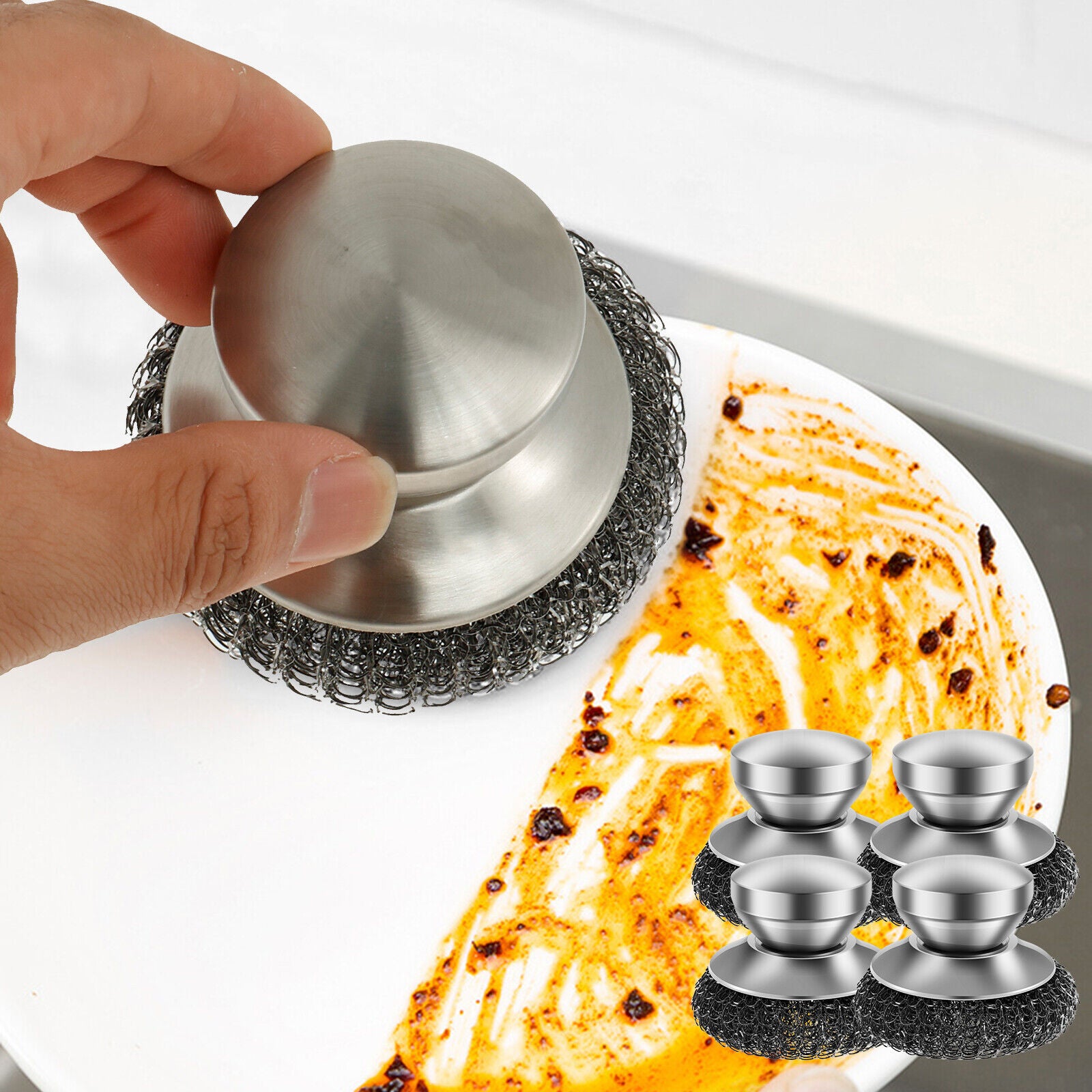 4 Pcs Stainless Steel Scrubber Scourer With Handle Round Sdkan