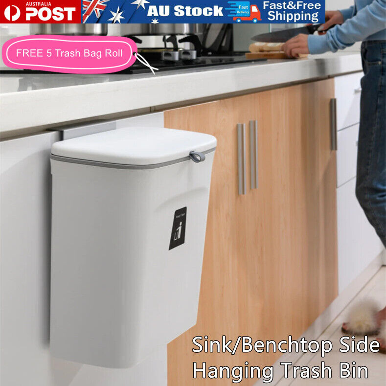 9L Waste Bin With Lid Trash Rubbish Kitchen Sink Bench Side Cabinet Door Hanging