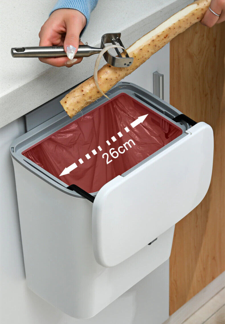 9L Waste Bin With Lid Trash Rubbish Kitchen Sink Bench Side Cabinet Door Hanging