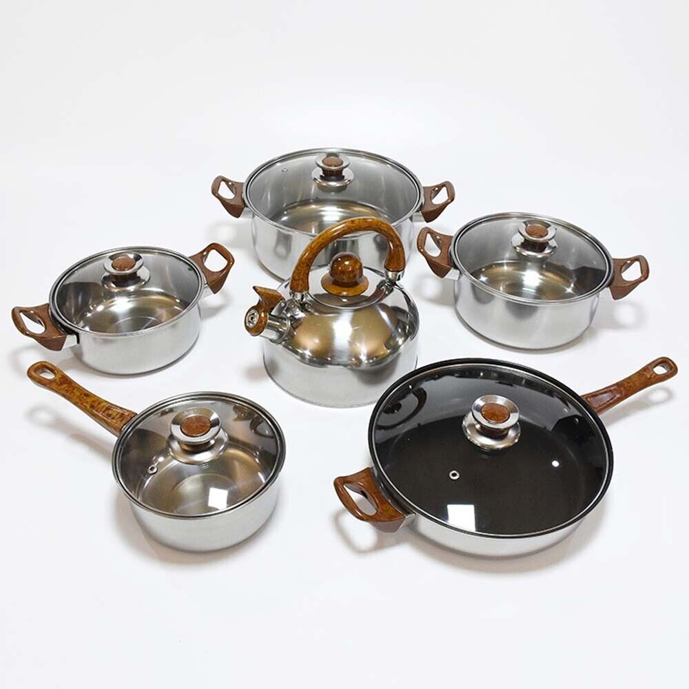 12Piece Cookware Set Kitchen Stainless Steel Stock Pot Pan Sets Saucepan Casser