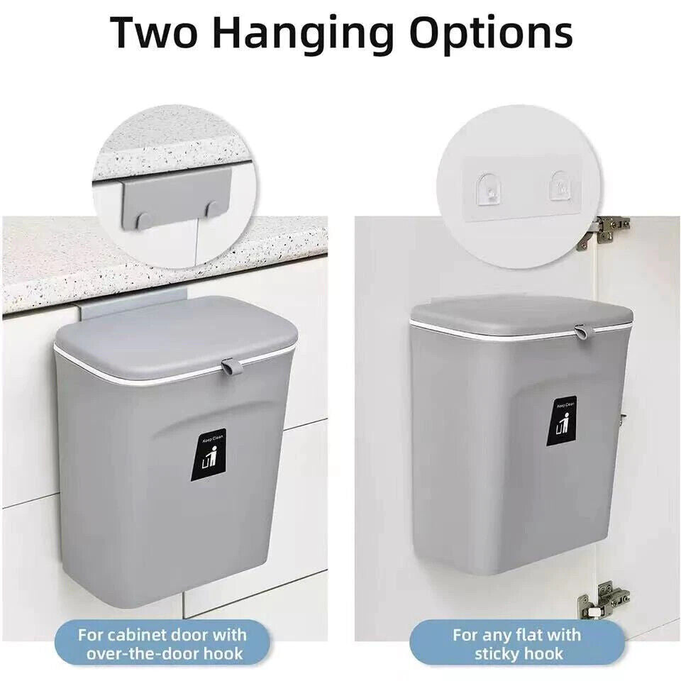 9L Waste Bin With Lid Trash Rubbish Kitchen Sink Bench Side Cabinet Door Hanging