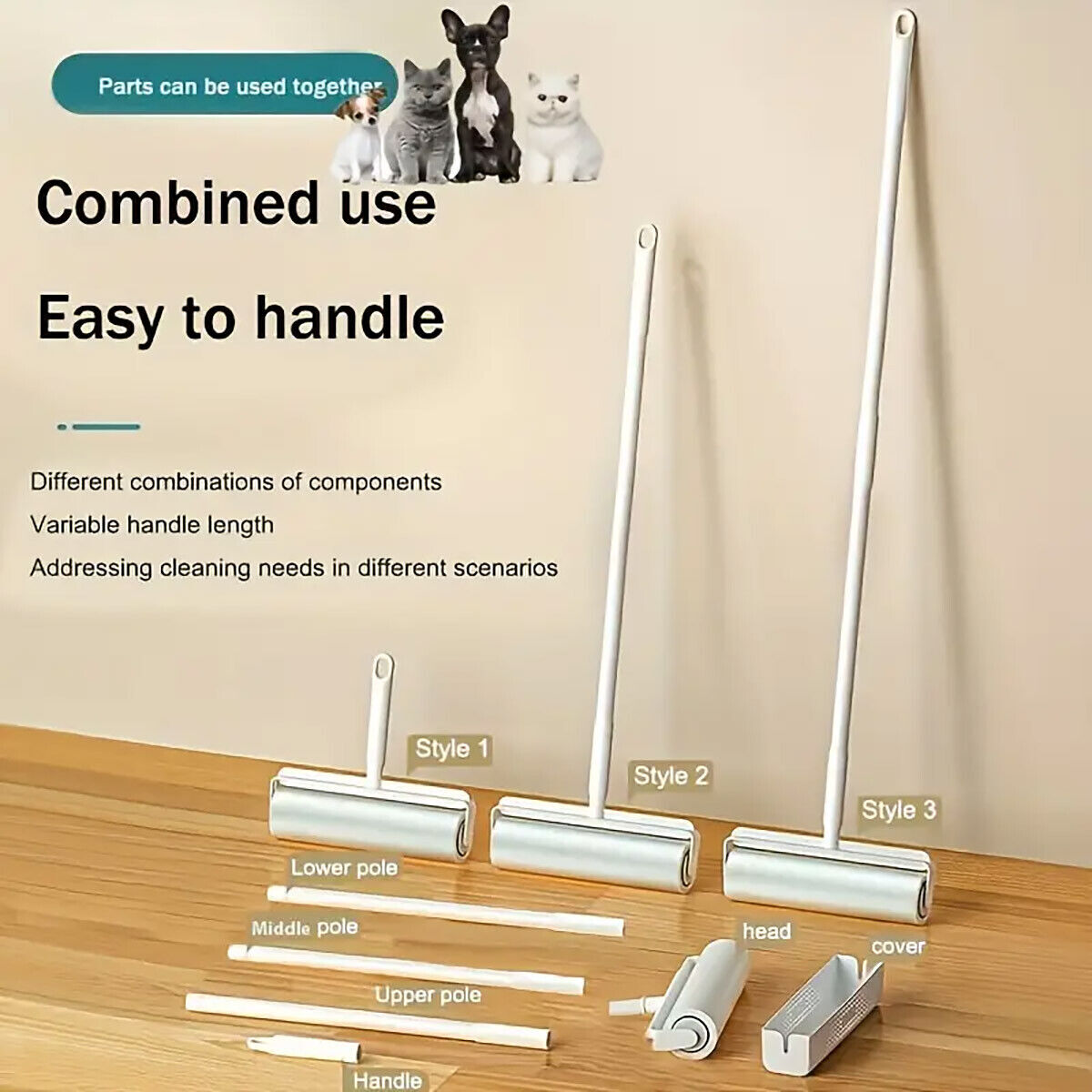 Dual Purpose Pet Hair Removal Roller Long Handle Sticky Lint Brush for Bed Floor