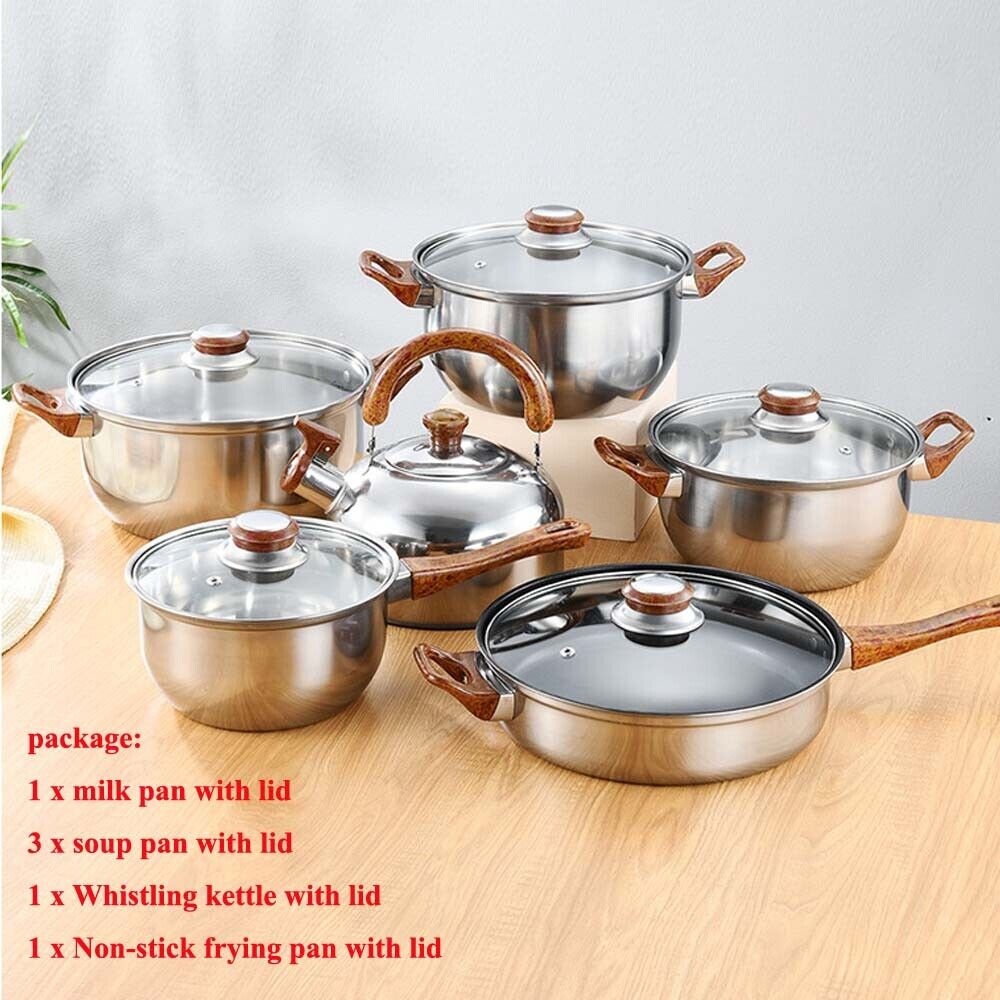 12Piece Cookware Set Kitchen Stainless Steel Stock Pot Pan Sets Saucepan Casser